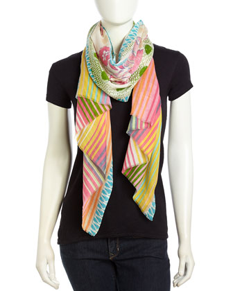 Create a vertical look with jewelry and scarfs in bold colors